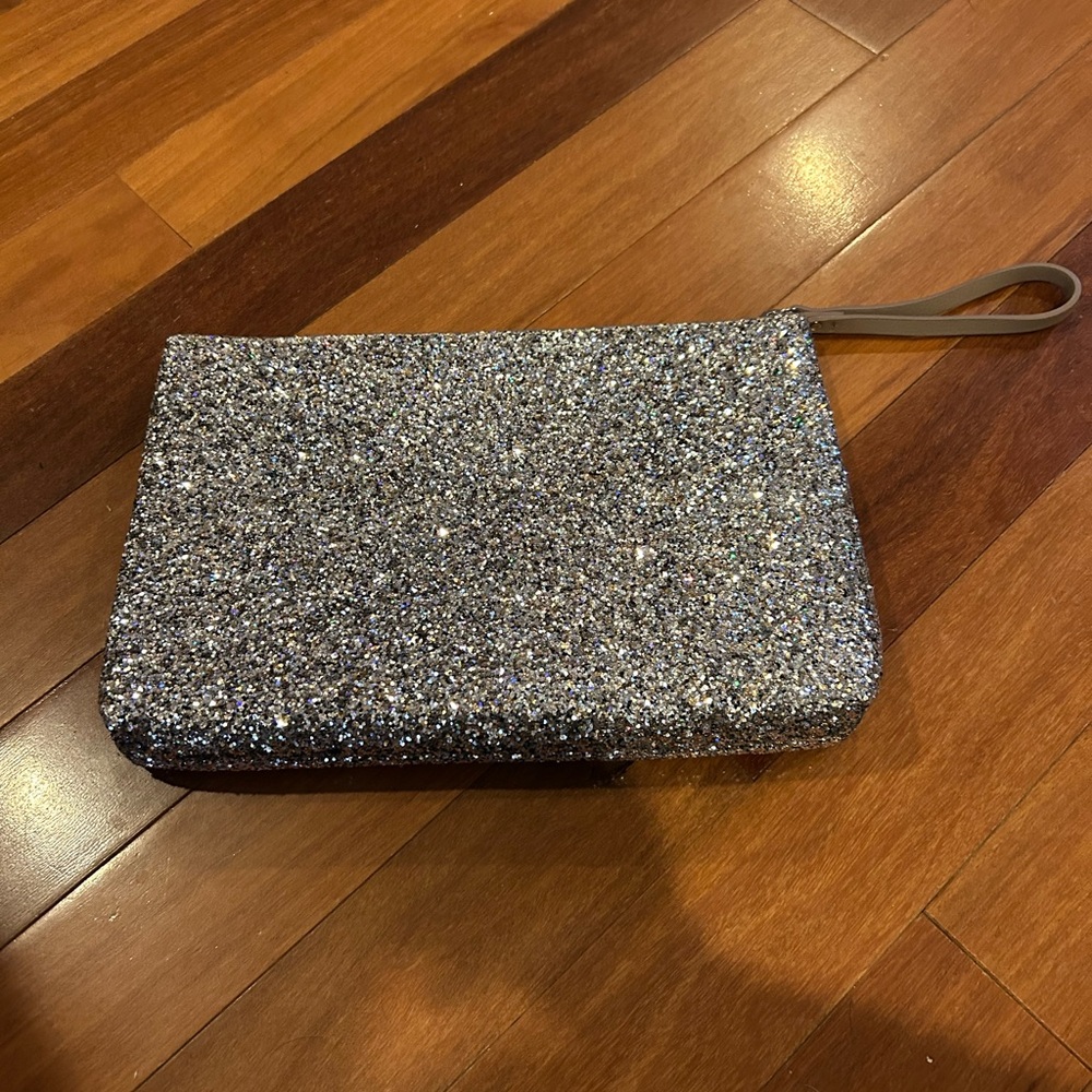 Old Navy Glitter Wristlet Silver Sparkle Glitter Top Zipper Clutch - Picture 2 of 5